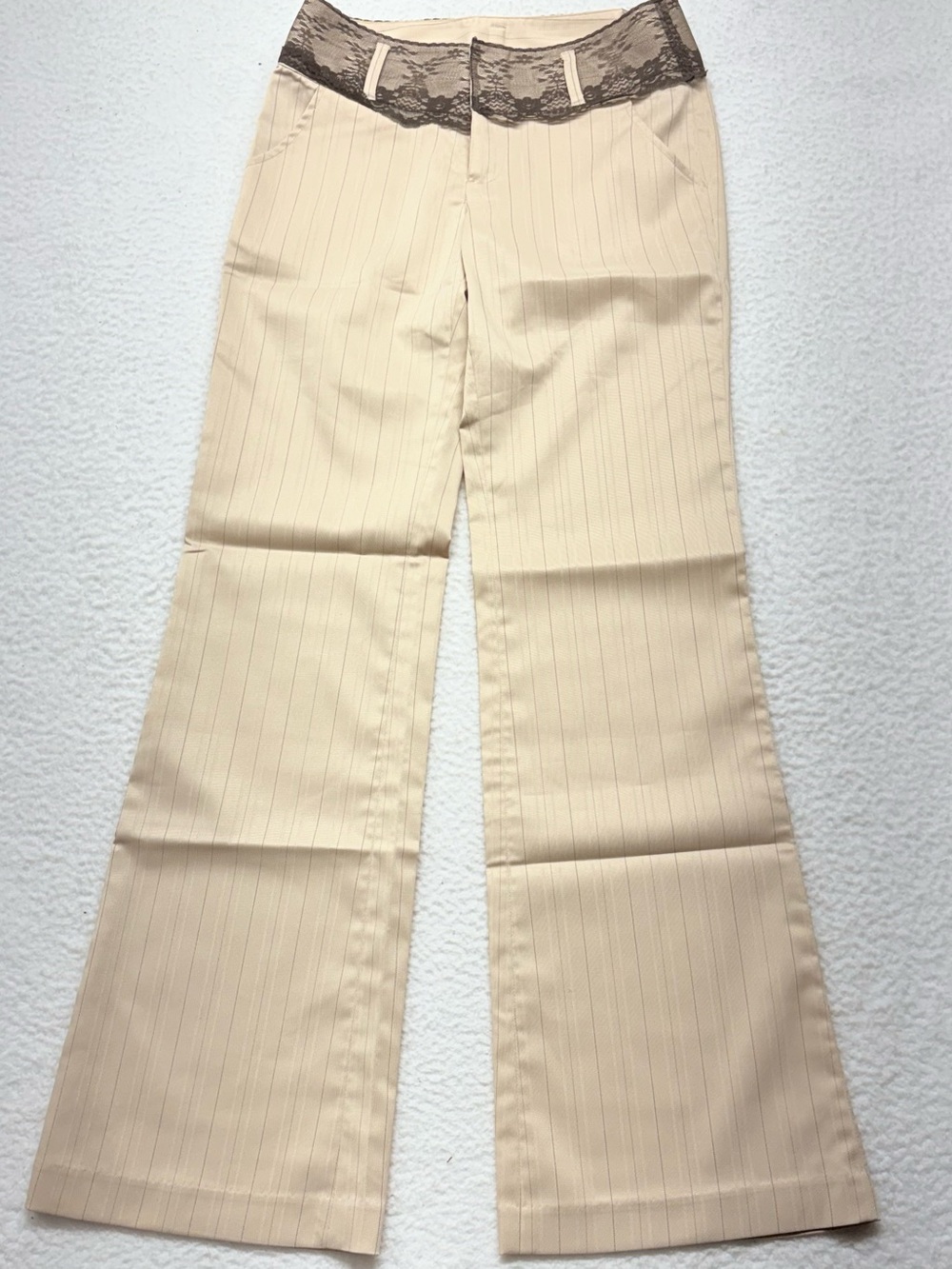 Y2K Elan Low Rise Pinstripe Flare Pants Lace Waistband Beige Black 165/66A - Picture 6 of 7
